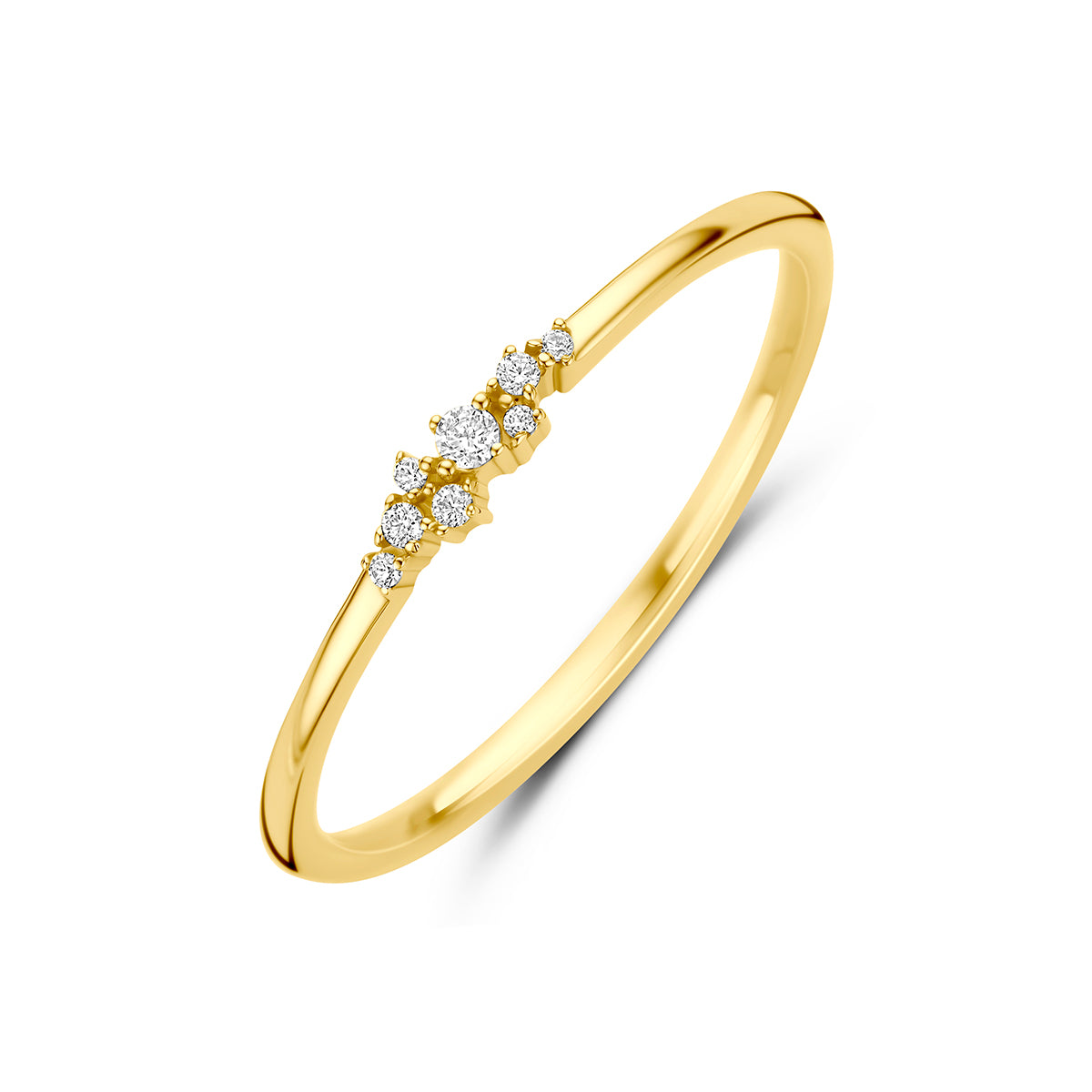 Bague en or jaune 9 carats ornée de zircons, avec un design délicat et brillant.