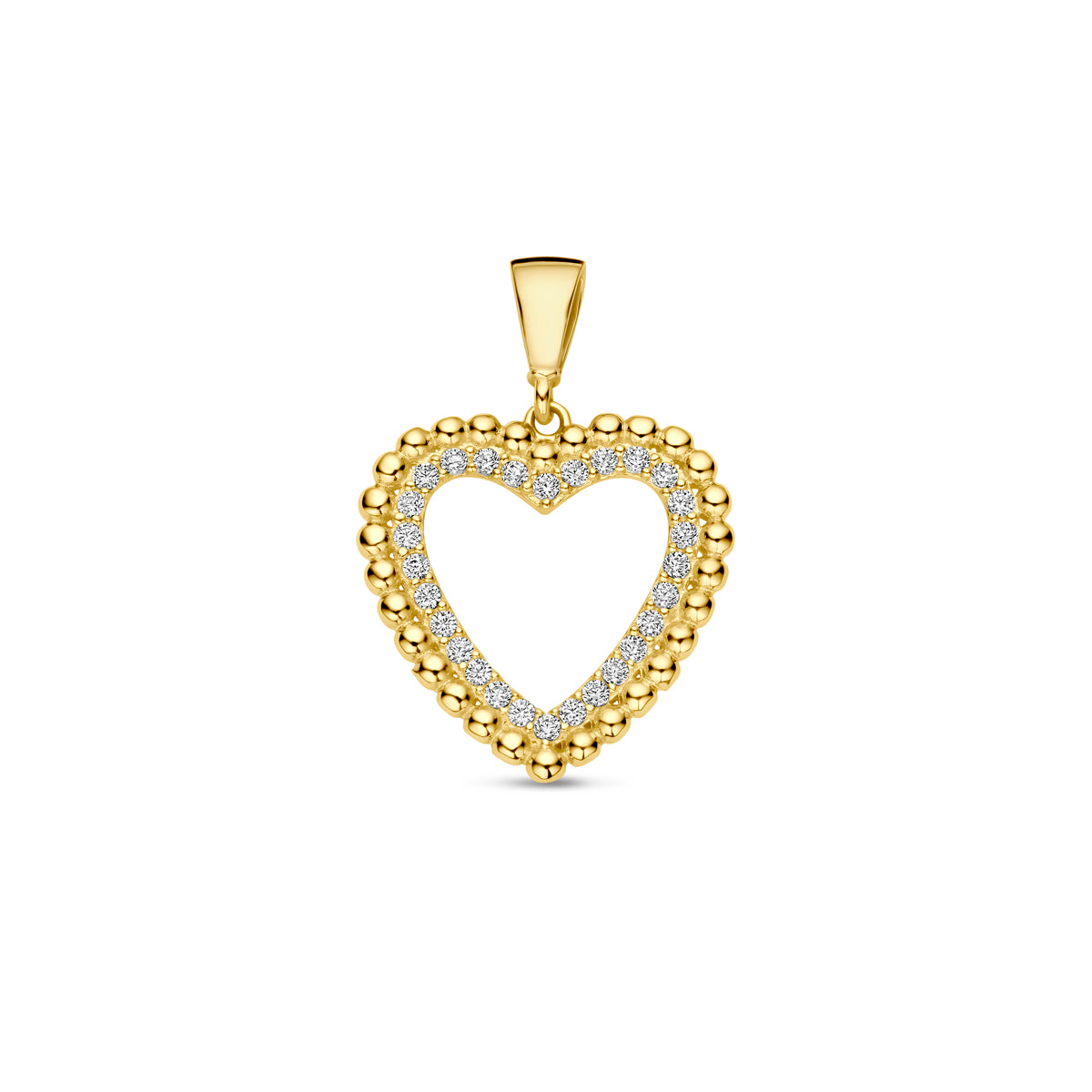 Pendentif en forme de cœur en or jaune 9 carats, orné de zircons, mesurant 15,5 mm.