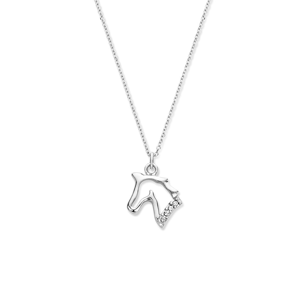 Collier en argent rhodié avec pendentif en forme de tête de cheval.
