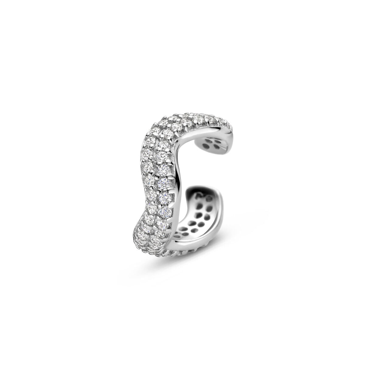 Ear cuff en argent pavé de zirconium 925 rhodié, avec une forme ondulée et des détails scintillants.