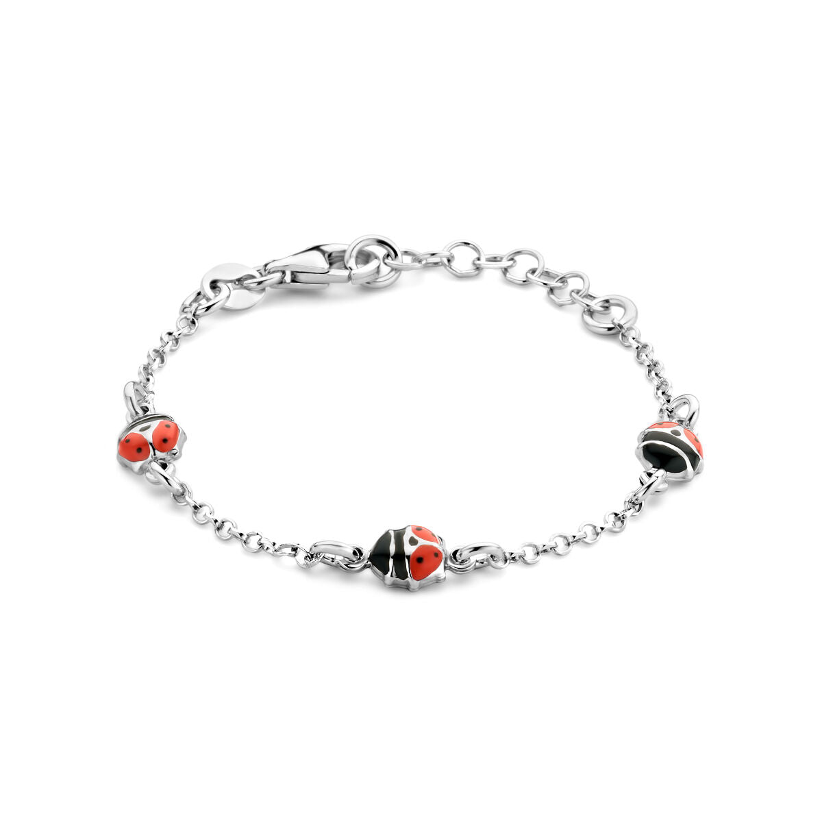 Bracelet en argent rhodié avec des motifs de coccinelles rouges et noires.