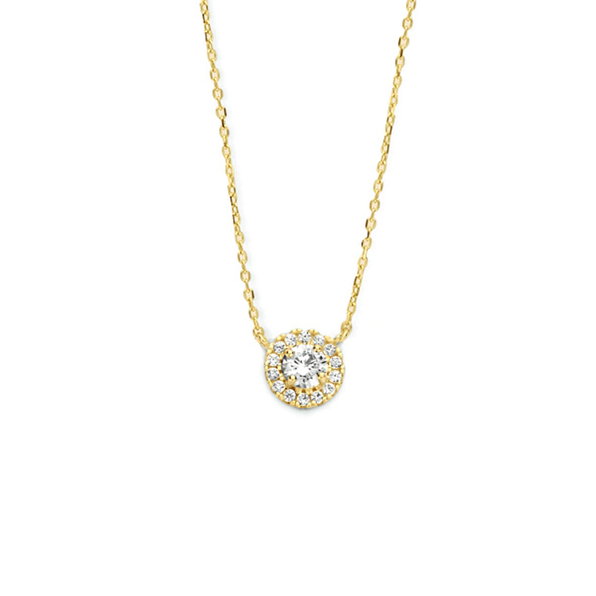 Collier en or jaune 14K avec un pendentif halo en zirconia, longueur ajustable de 40 à 44 cm.