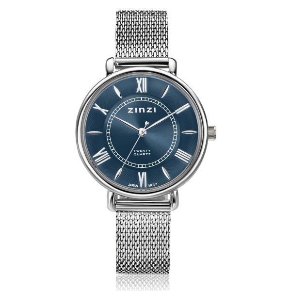 Montre argentée avec cadran bleu, chiffres romains et bracelet en maille.
