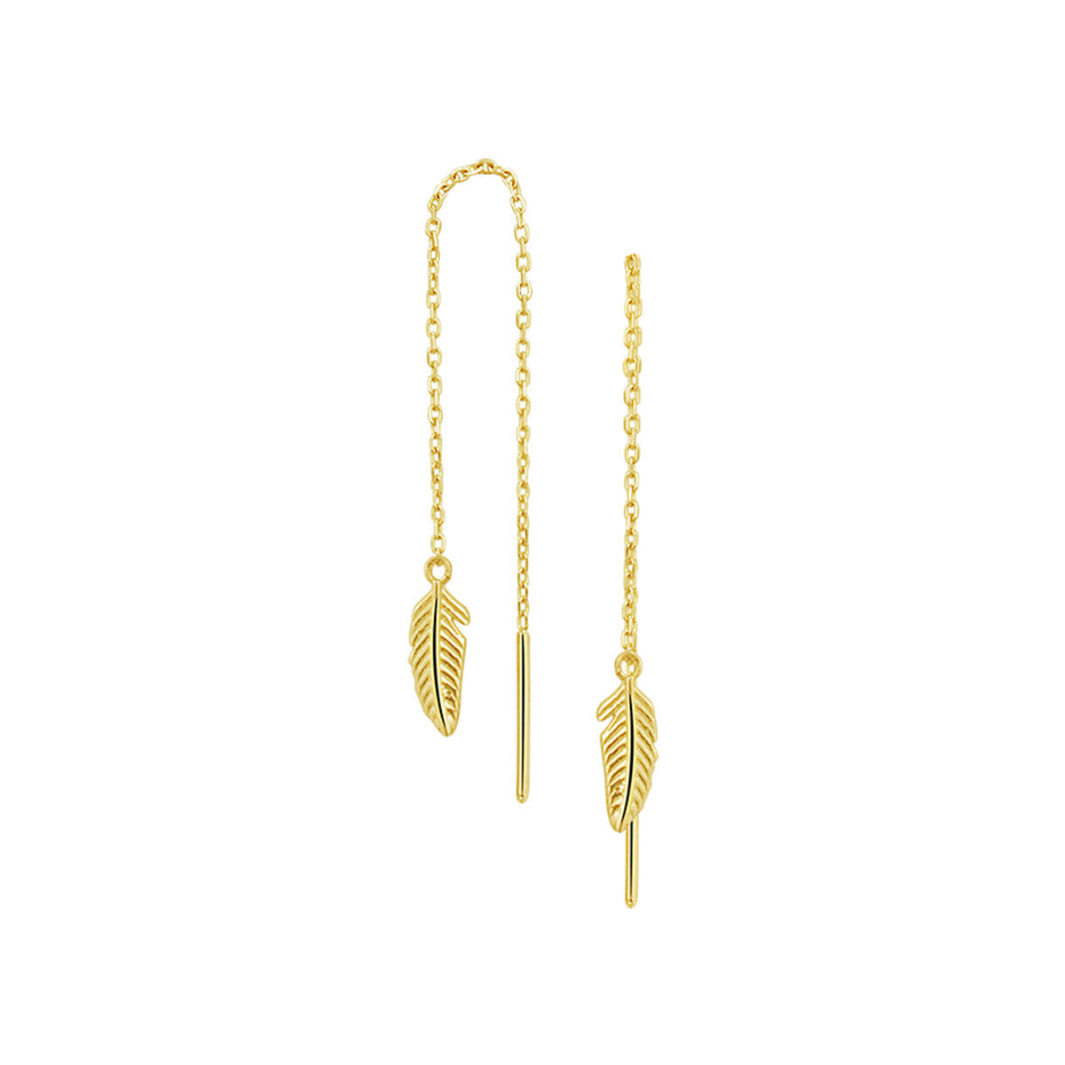Boucles d'oreilles en or jaune 14K avec motif de plume et chaîne délicate.