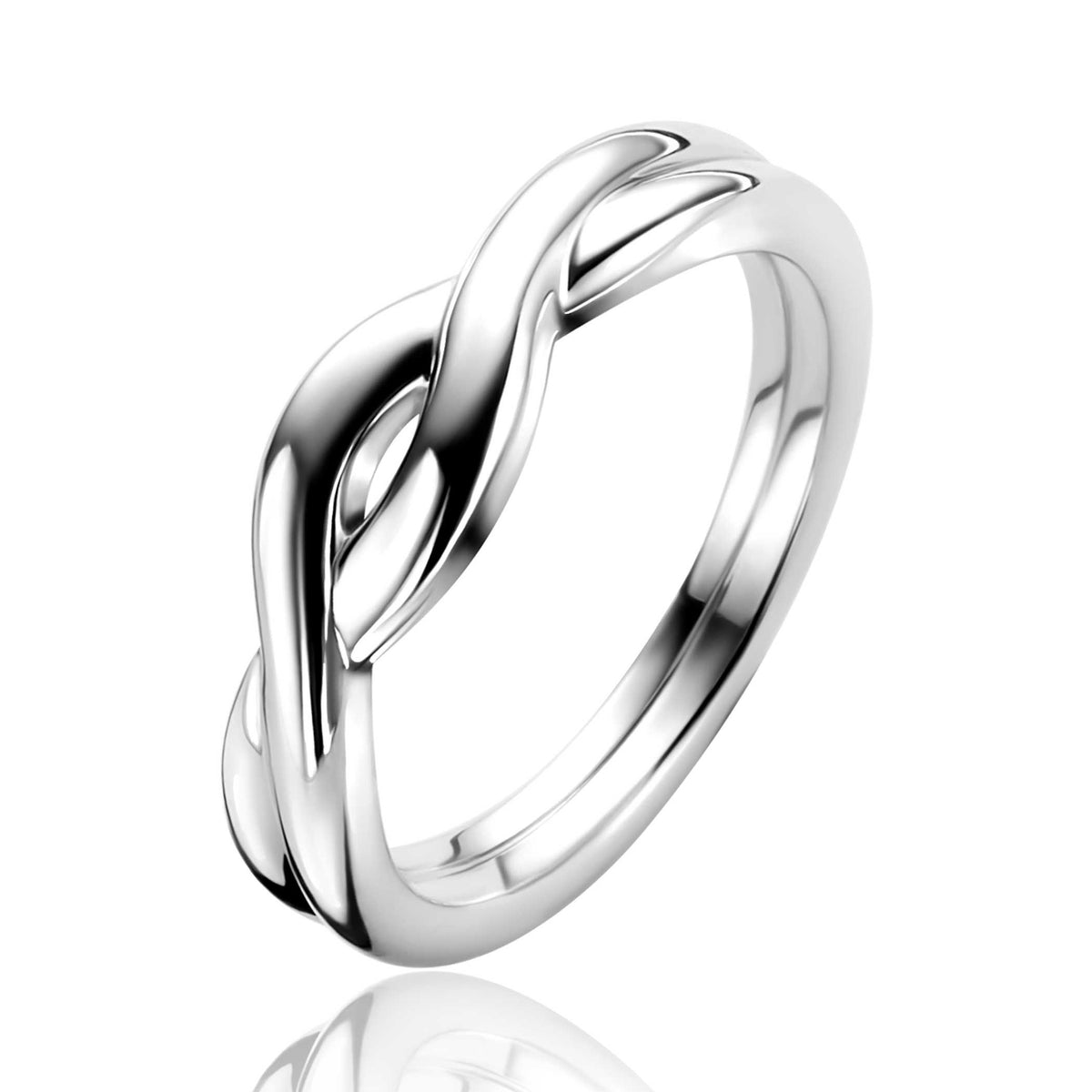 Bague en argent avec un design entrelacé et poli brillant.