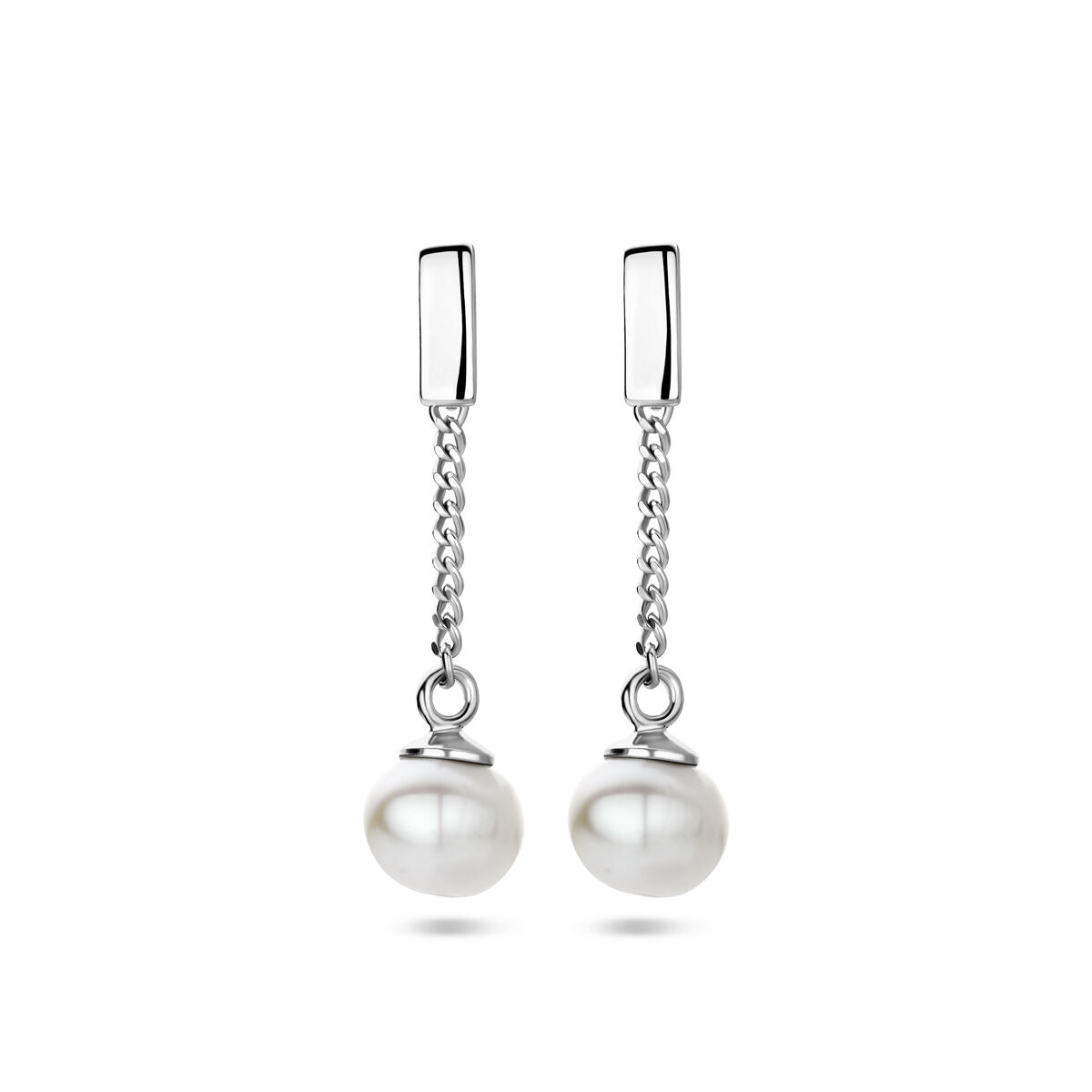 Boucles d'oreilles en argent rhodié avec perles blanches suspendues.