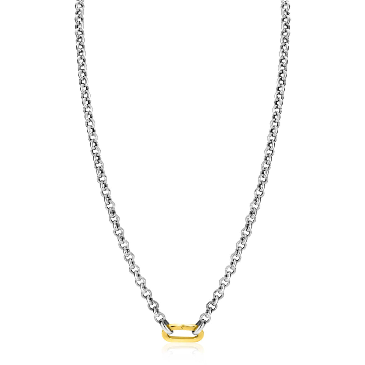 Collier en argent avec un maillon doré au centre.