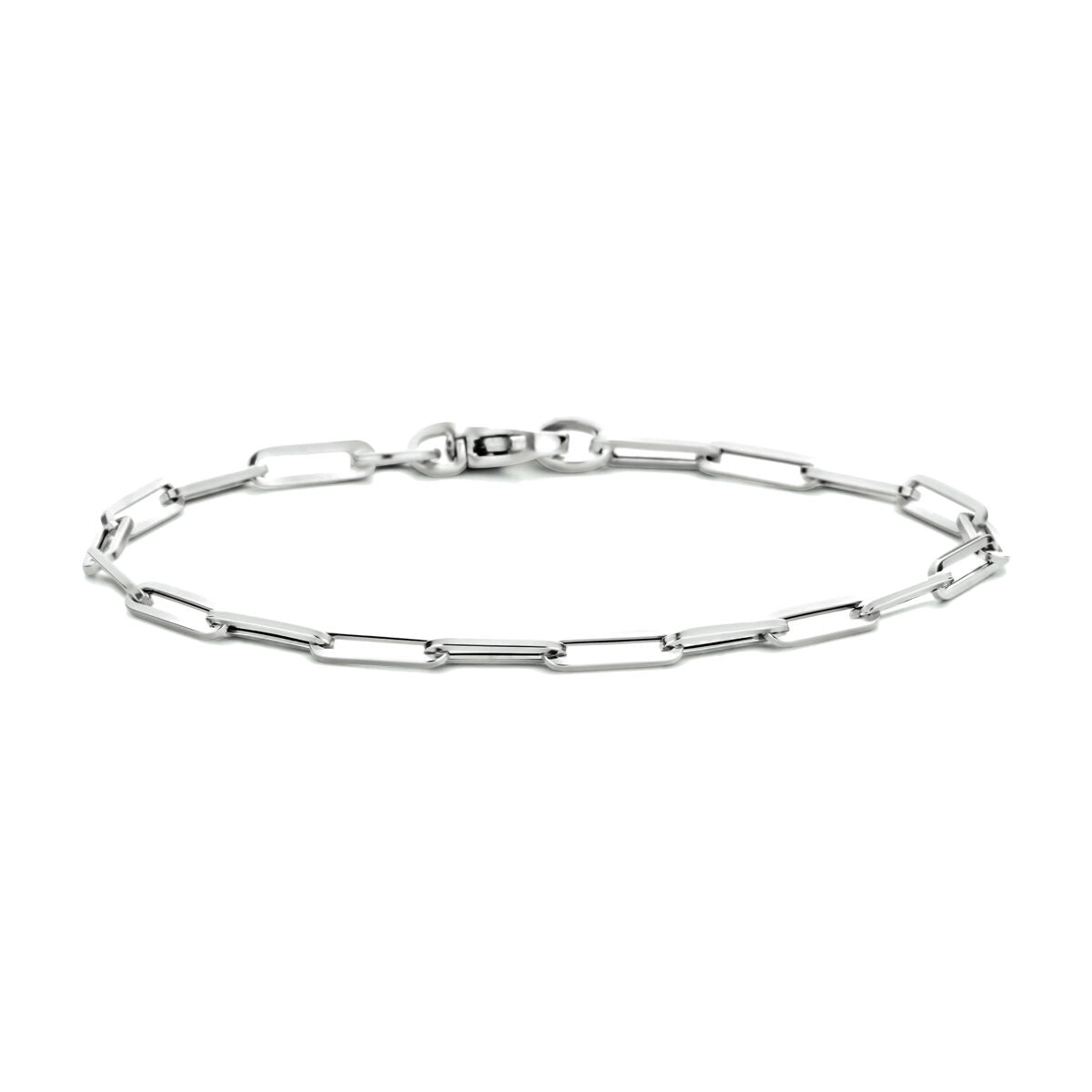 Bracelet en or blanc 14K avec maillons en forme de paperclip et tubes carrés.