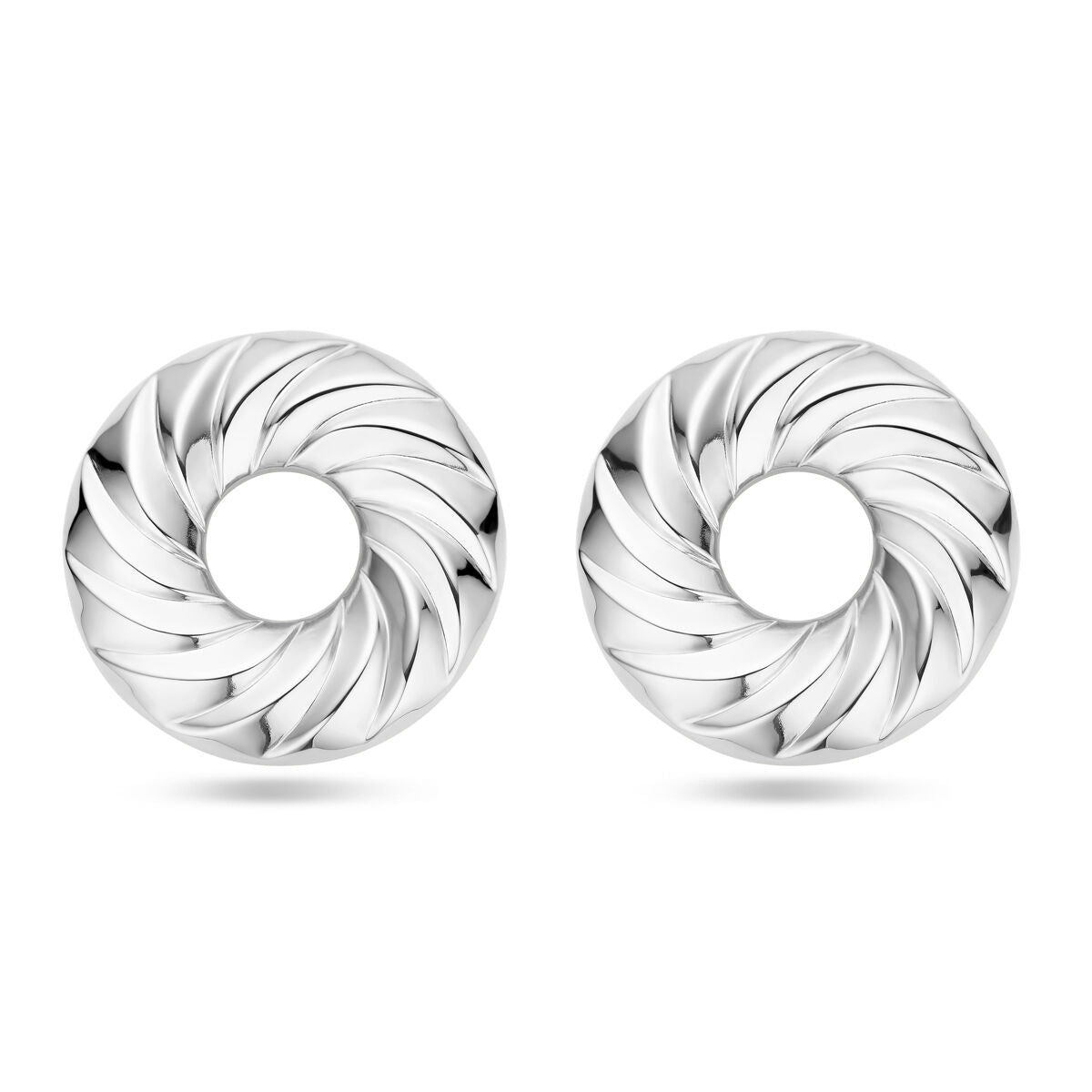 Boucles d'oreilles rondes en argent rhodié, motif tournant de 32 mm.