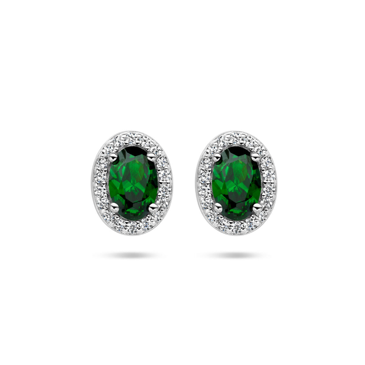 Boucles d'oreilles en argent rhodié avec zirconium vert et blanc, forme ovale, entourées de petites pierres brillantes.