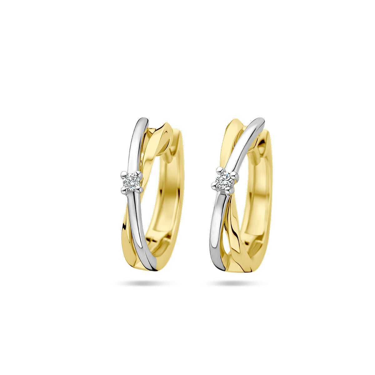 Boucles d'oreilles bicolores en or jaune et blanc avec un diamant de 0,03 ct.