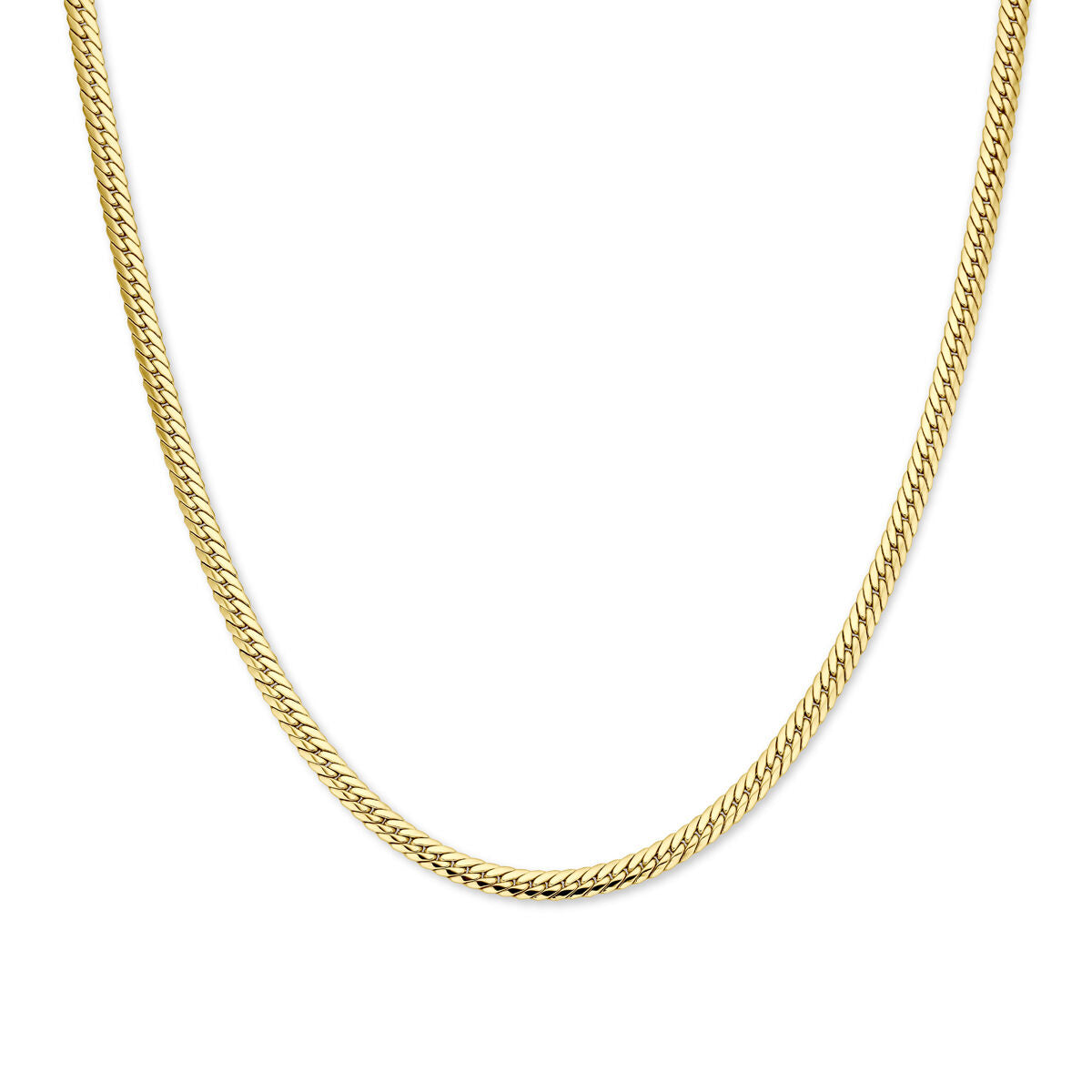Collier gourmette en or jaune 14K de 5 mm de large et 43 cm de long.
