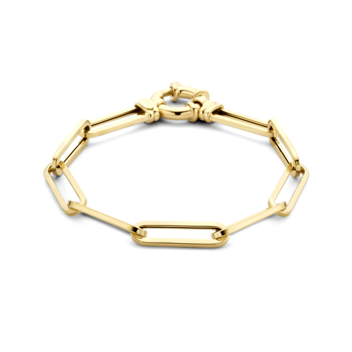 Bracelet en or jaune 14K avec maillons en forme de paperclip et fermoir à ressort.