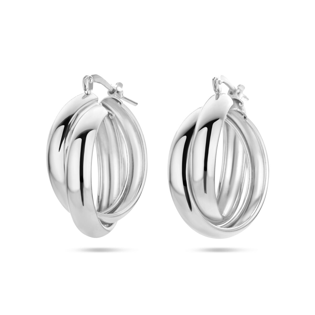 Boucles d'oreilles en argent rhodié, avec un design en spirale et une finition brillante.