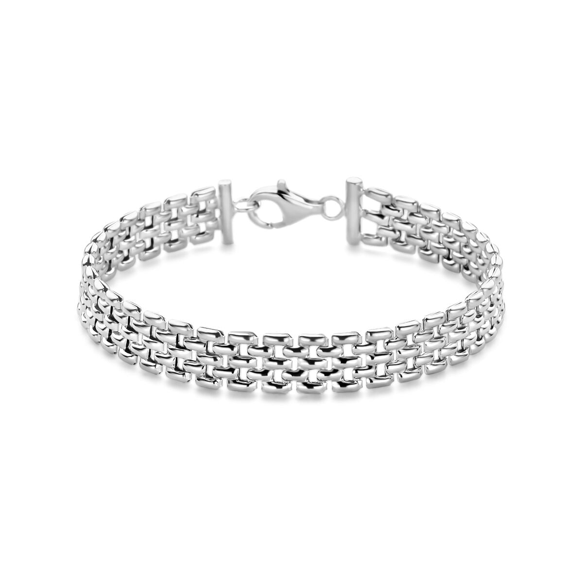 Bracelet en argent rhodié avec motif panthère, largeur de 8 mm et longueur de 17 cm.
