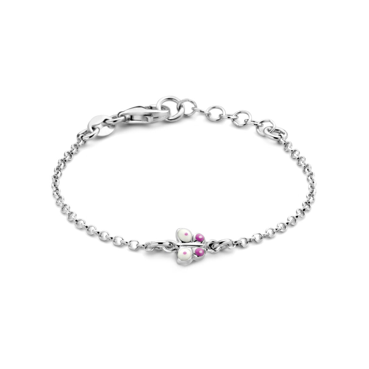 Bracelet en argent rhodié avec un motif de papillon, orné de perles et de pierres roses.
