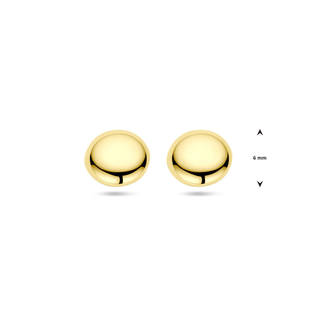 Een paar Van der Kooij Collectie oorknoppen halve bol 14K geelgoud, elk 6 mm in diameter, schitteren op een witte achtergrond met een maatindicator - tijdloze dames sieraden voor elke gelegenheid.