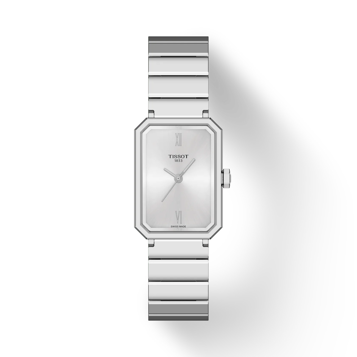 Montre pour femme Tissot en acier inoxydable, cadran argenté octogonal avec bracelet à maillons.