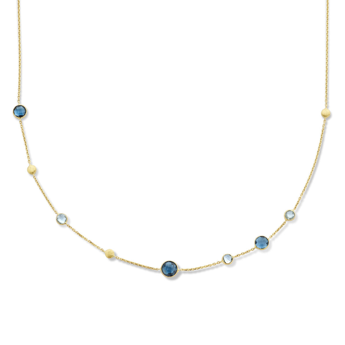 Collier en or 14K avec des cercles, topazes bleues et london blue.