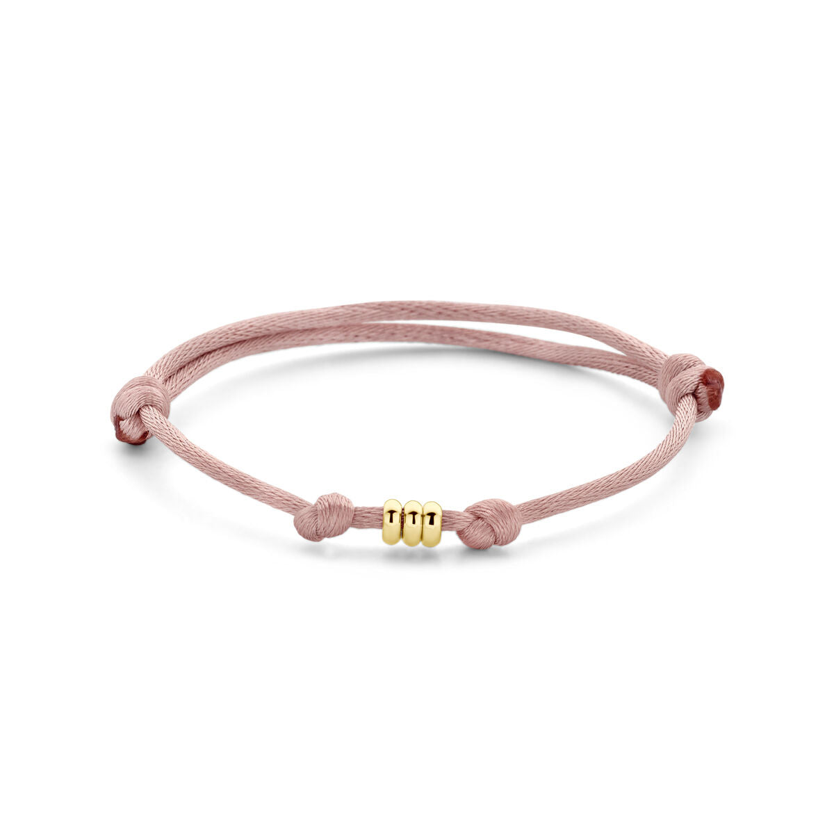 Bracelet en satin rose doux avec un détail en or 14K et cordons en caoutchouc/nylon.