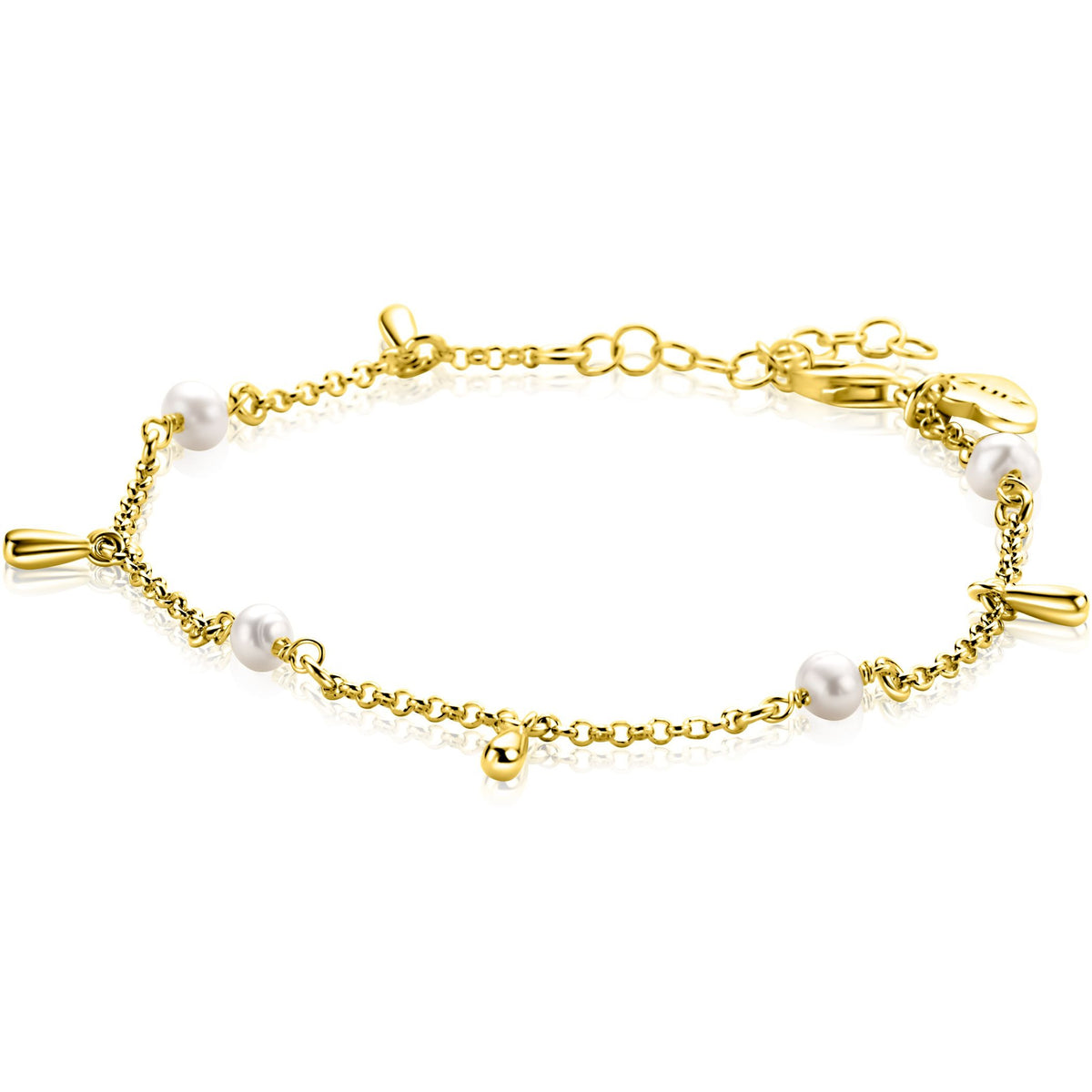 Bracelet doré avec des perles blanches et des pendentifs en forme de goutte.