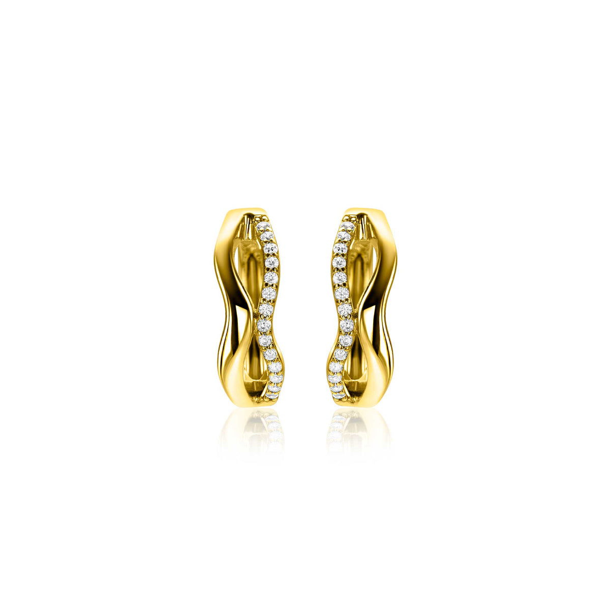 Boucles d'oreilles en argent avec des détails en or et des pierres brillantes.