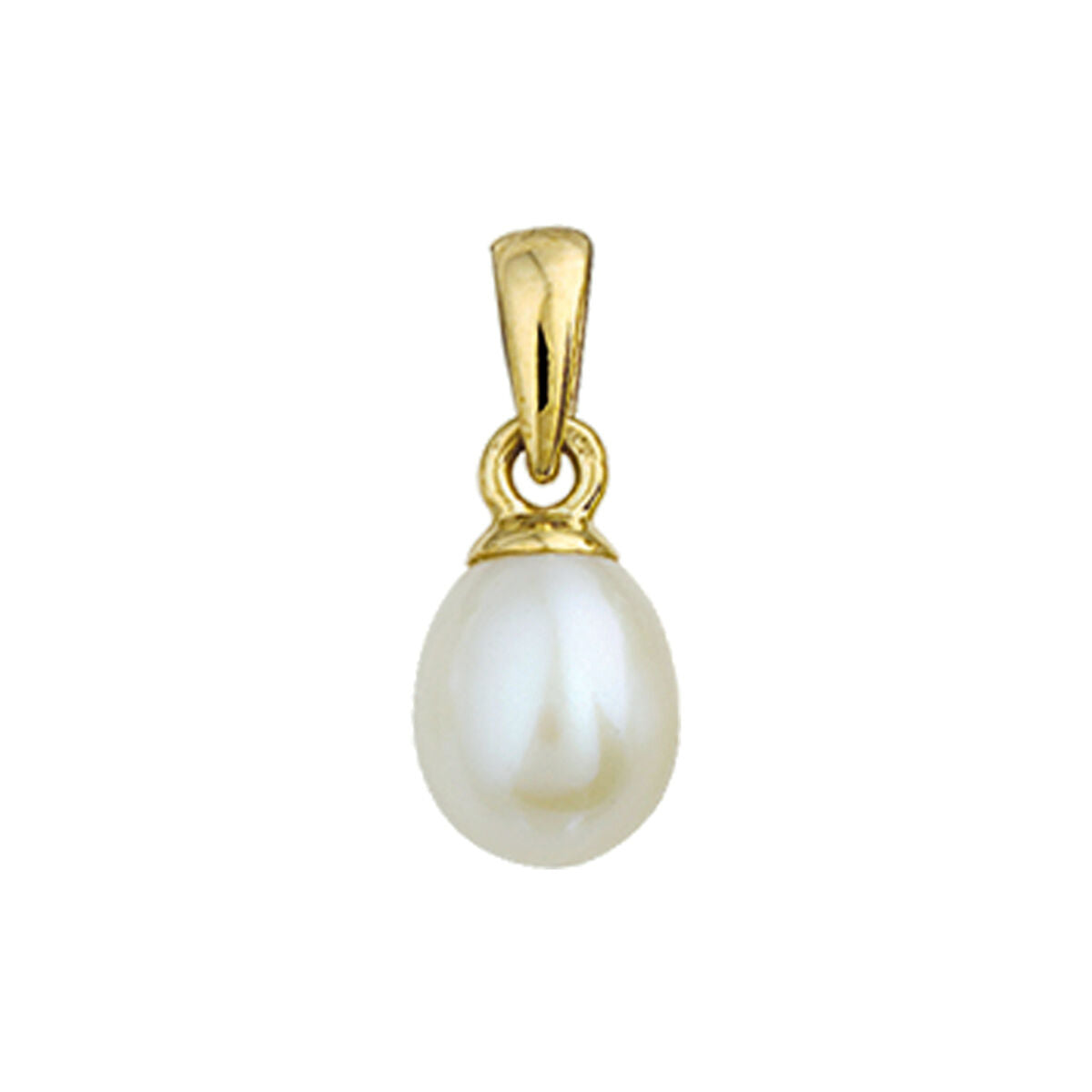 Een enkele ovale witte zoetwaterparel hanger, genaamd "hanger parel 14K geelgoud" van Van der Kooij Collectie, gezet in een eenvoudige 14K geelgoud bail tegen een effen witte achtergrond.