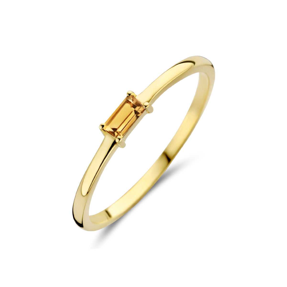 Bague en or jaune 14K avec une pierre de naissance en citrine de forme rectangulaire.
