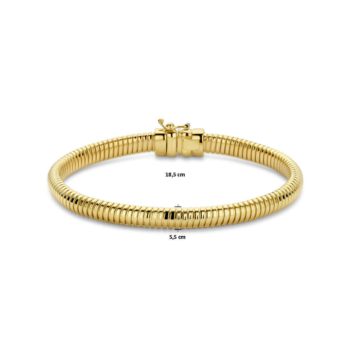 De Van der Kooij Collectie armband omega is een 14K geelgouden armband met een slangenketting design, 5,5 mm breed en 18,5 cm in omtrek, met een veilige sluiting en ronde vorm.