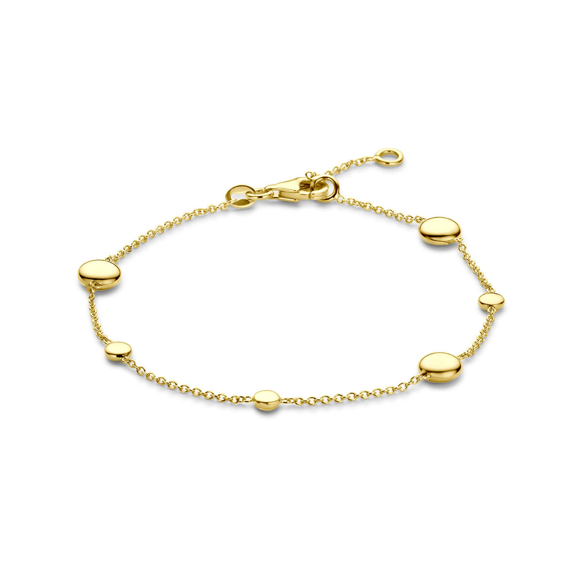 Bracelet en or jaune 14 carats avec des éléments ronds et une chaîne délicate.