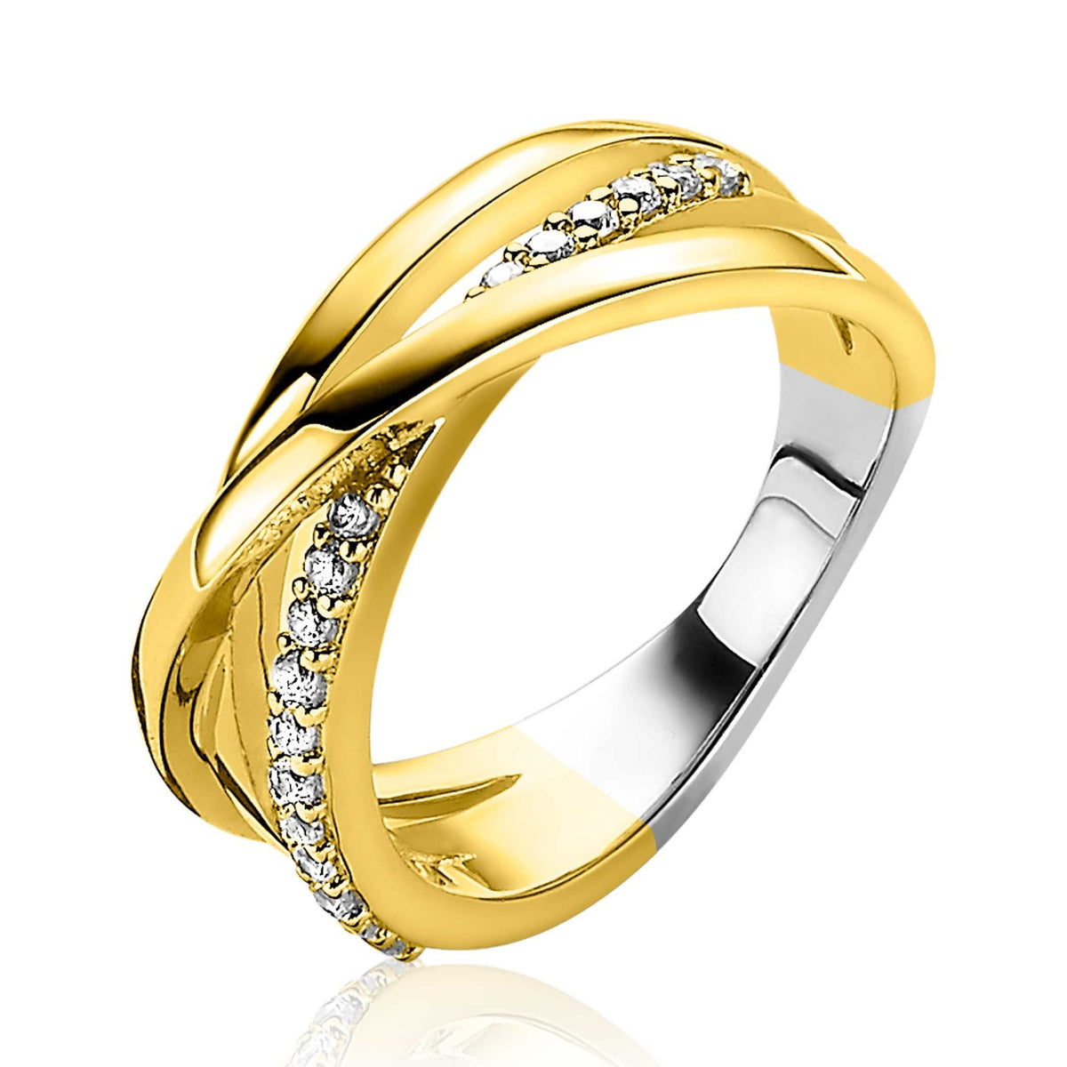 Bague dorée avec un design entrelacé et des zircons scintillants.