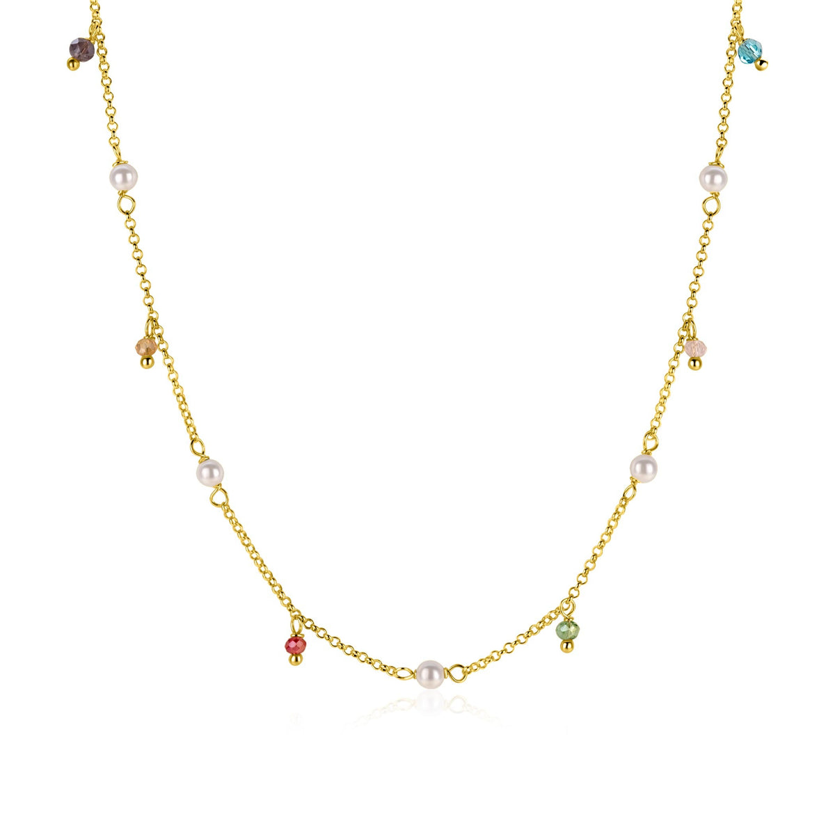 De ZINZI vergulde zilveren ketting ZIC2705G van Zinzi heeft een delicate vergulde ketting met gelijkmatig verspreide parels en kleine, veelkleurige edelsteenbedels.