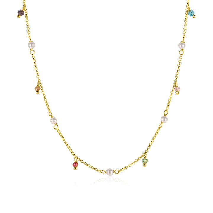 De ZINZI vergulde zilveren ketting ZIC2705G van Zinzi heeft een delicate vergulde ketting met gelijkmatig verspreide parels en kleine, veelkleurige edelsteenbedels.