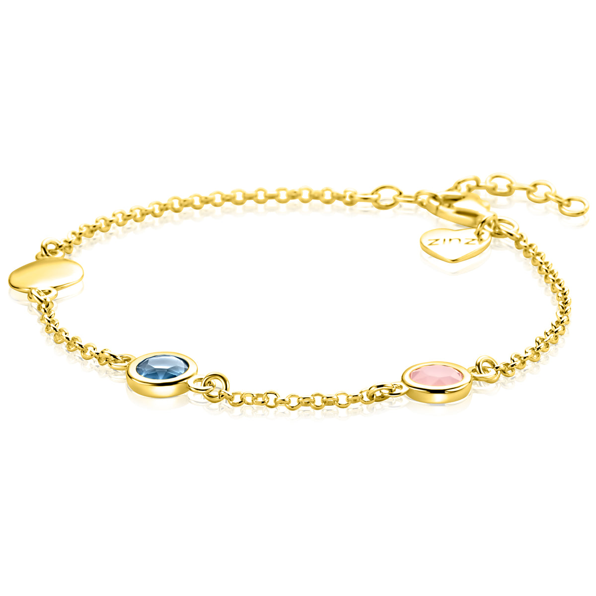 Bracelet en argent plaqué or avec des pierres colorées bleue et rose.