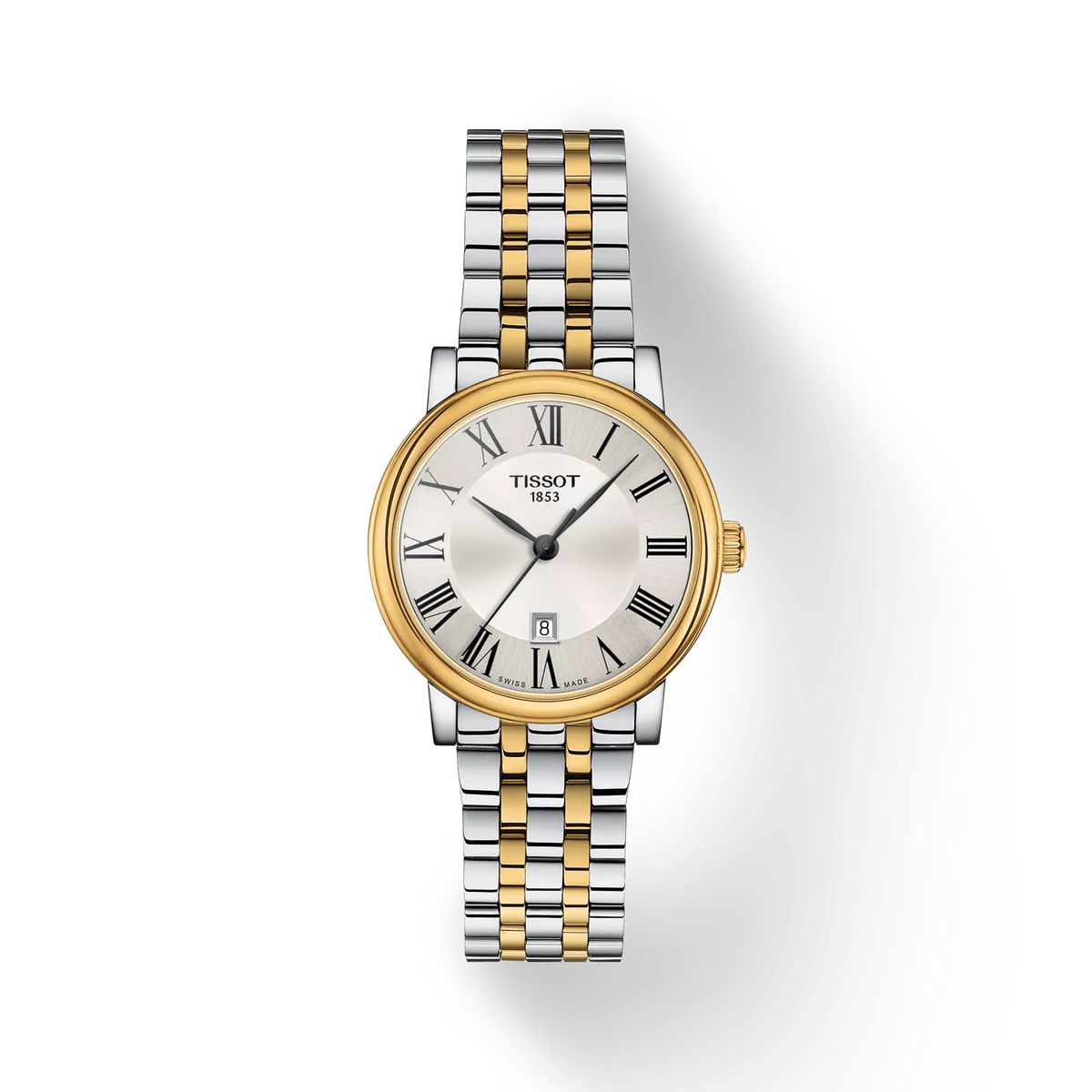 Montre Tissot Carson de 30 mm pour femme, boîtier doré et argenté, cadran argenté avec chiffres romains.