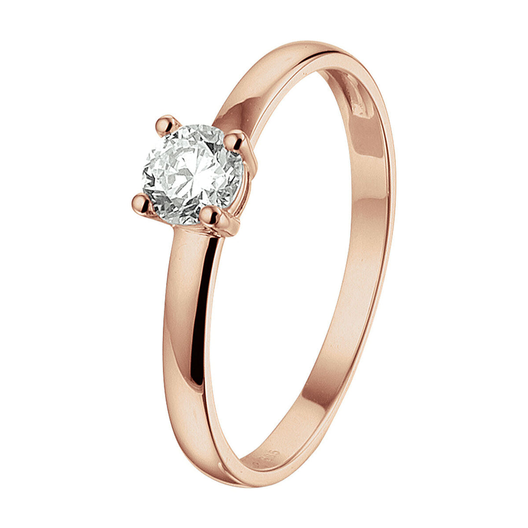 De Van der Kooij Collectie ring zirkonia 14K roségoud heeft een enkele rondgeslepen zirkonia in een zetting met vier tanden tegen een witte achtergrond.