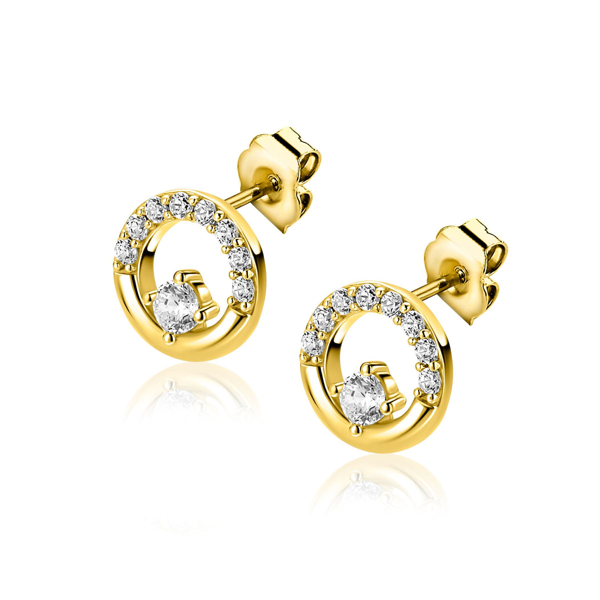 Boucles d'oreilles en argent plaqué or, forme ronde ouverte, ornées de zirconia.