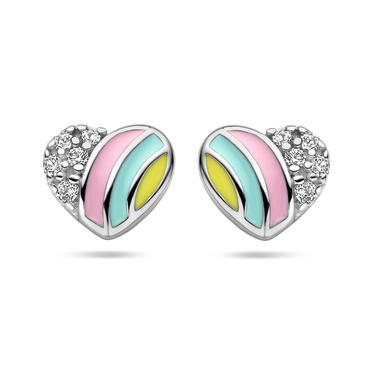 Boucles d'oreilles en forme de cœur, argent rhodié, ornées de zirconia et de couleurs pastel.