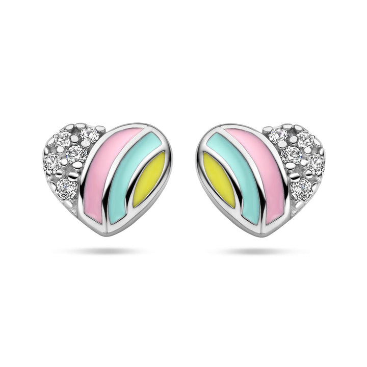 Van der Kooij Collectie oorknoppen hart en zirkonia zilver gerhodineerd: hartvormige studs met pastelroze, geel en lichtblauw emaille en één zijde versierd met fonkelende witte kristallen.