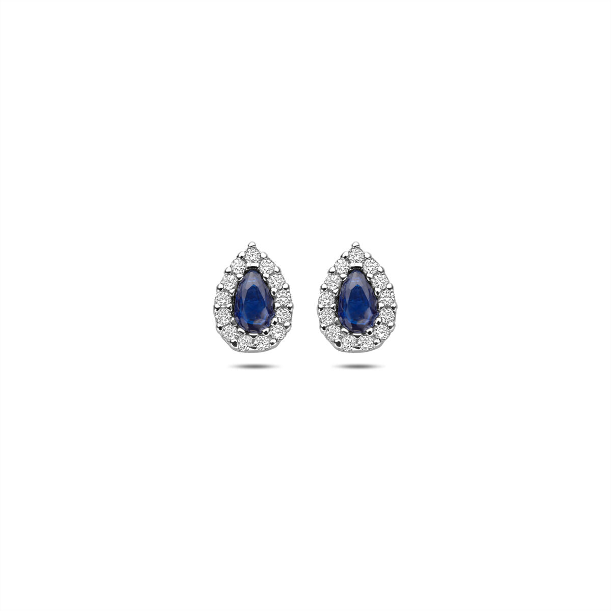 Boucles d'oreilles en argent rhodié avec saphir et zirconia, en forme de goutte.