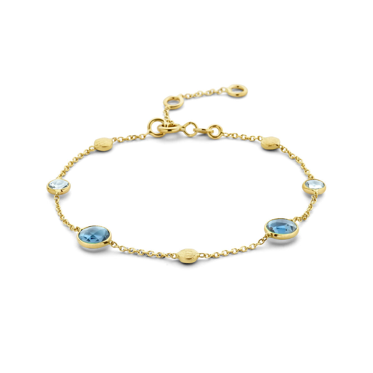 Bracelet en or 14K avec topazes london blue et bleues, ornée de ronds.