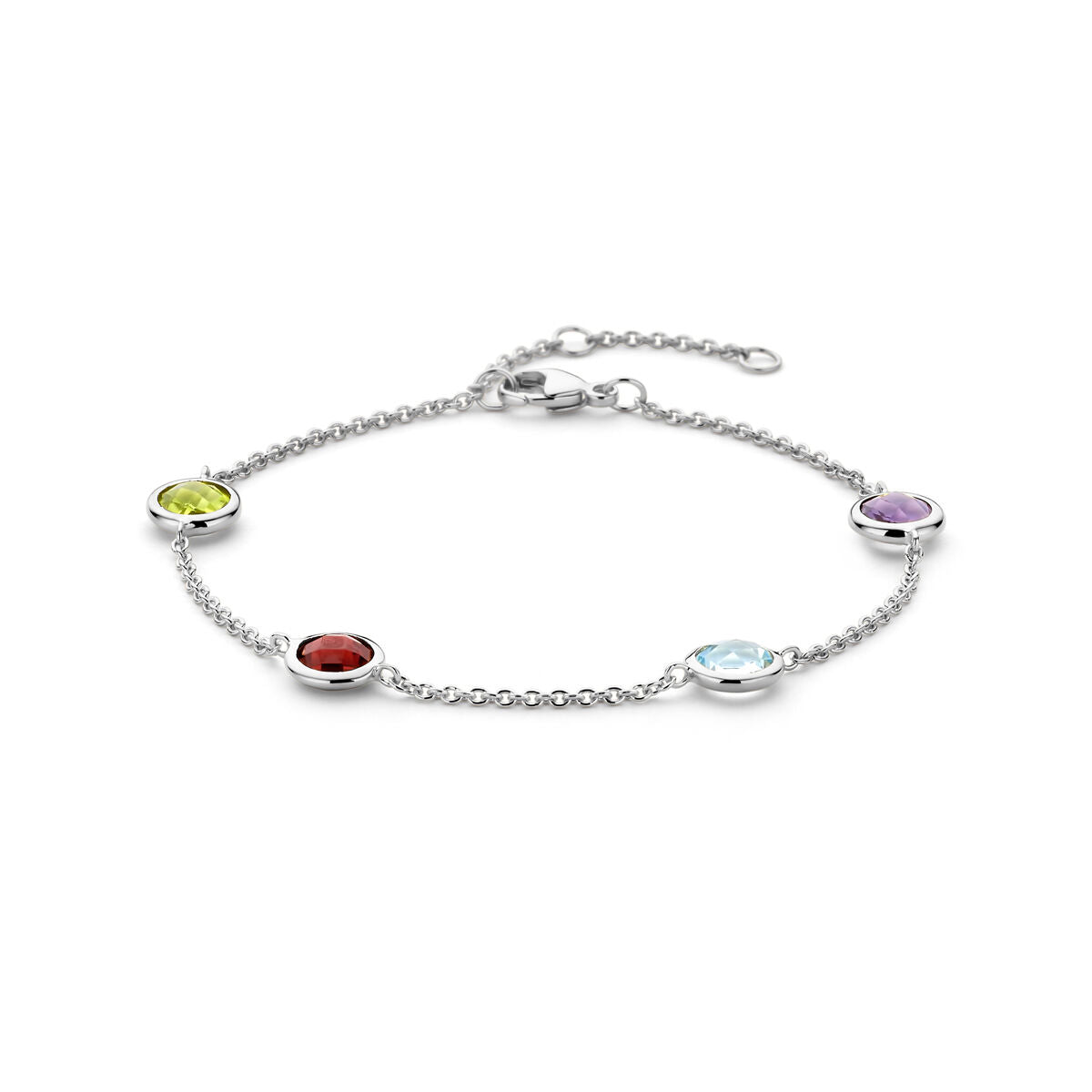 Bracelet en argent rhodié avec pierres colorées, composée de quatre gemmes rondes.