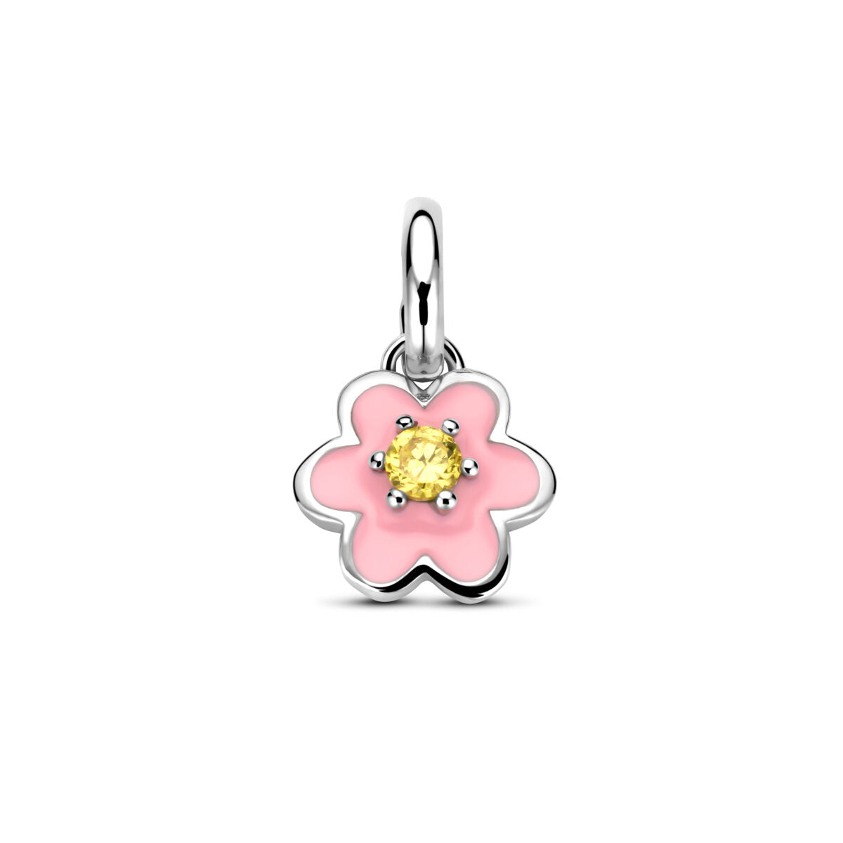 Pendentif en argent avec une fleur émaillée rose et un zircon jaune au centre, dimensions 12 x 8 mm.