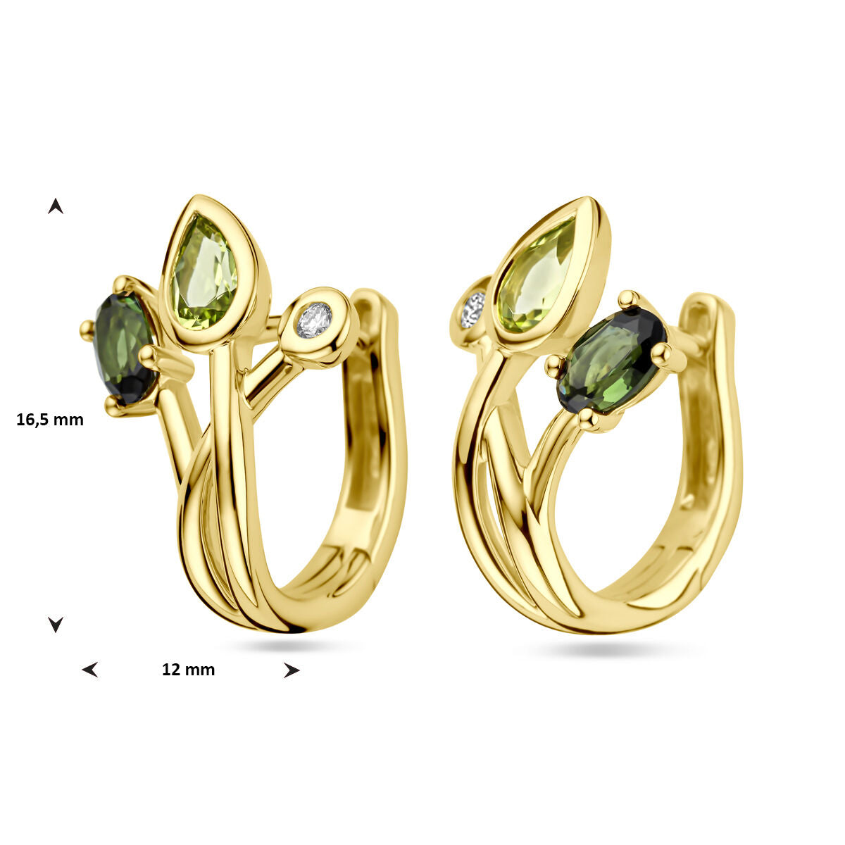 créoles en tourmaline verte, péridot et diamant 0.03ct (2x 0.015ct) h si or jaune 14K