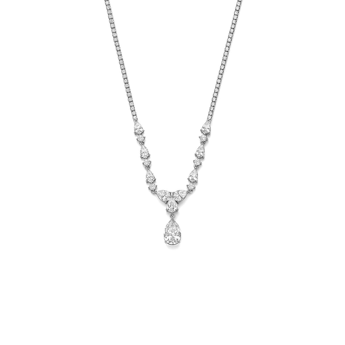 Collier en argent rhodié 925 avec zirconias, présentant un pendentif en forme de goutte.