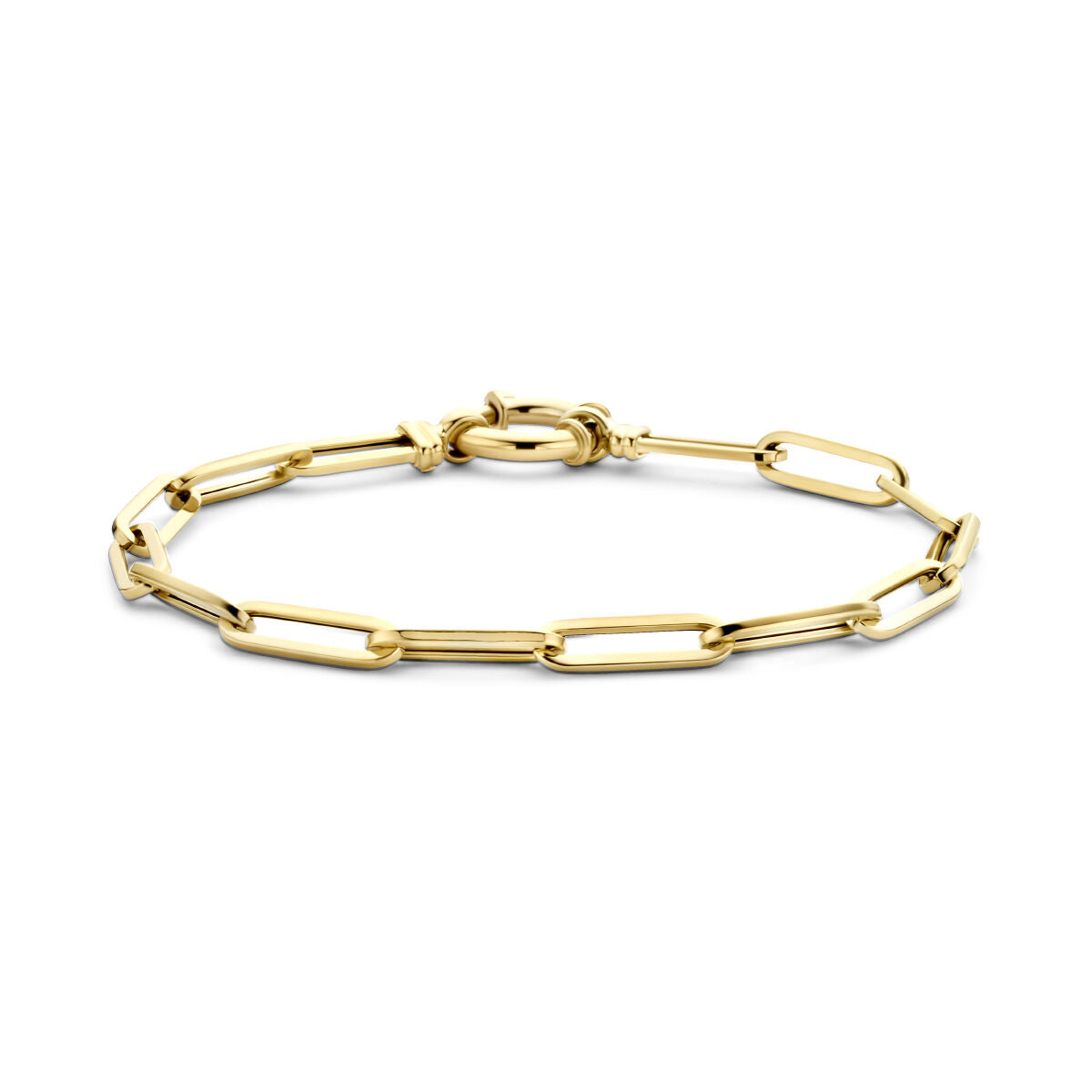 Bracelet en or 14K avec maillons en forme de paperclip et un grand fermoir.