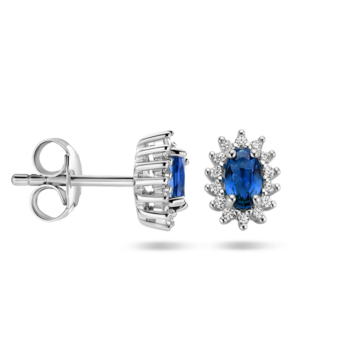 puces d'oreilles synth. saphir et zircone halo argent rhodié