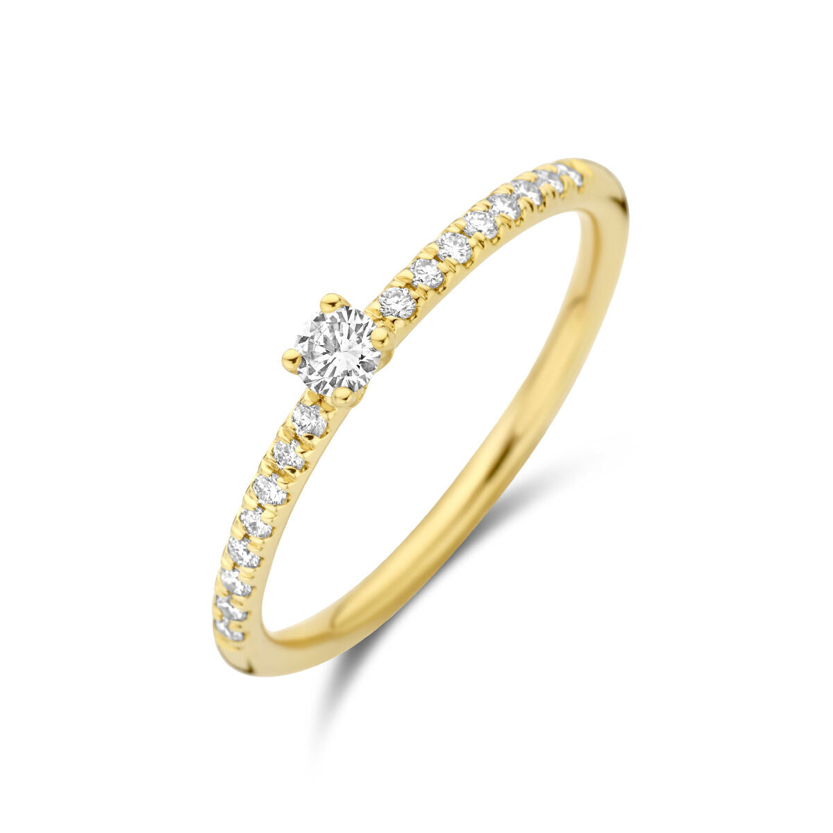 Bague en or jaune 14K avec un diamant central de 0,25 ct et des petits diamants sur le band.
