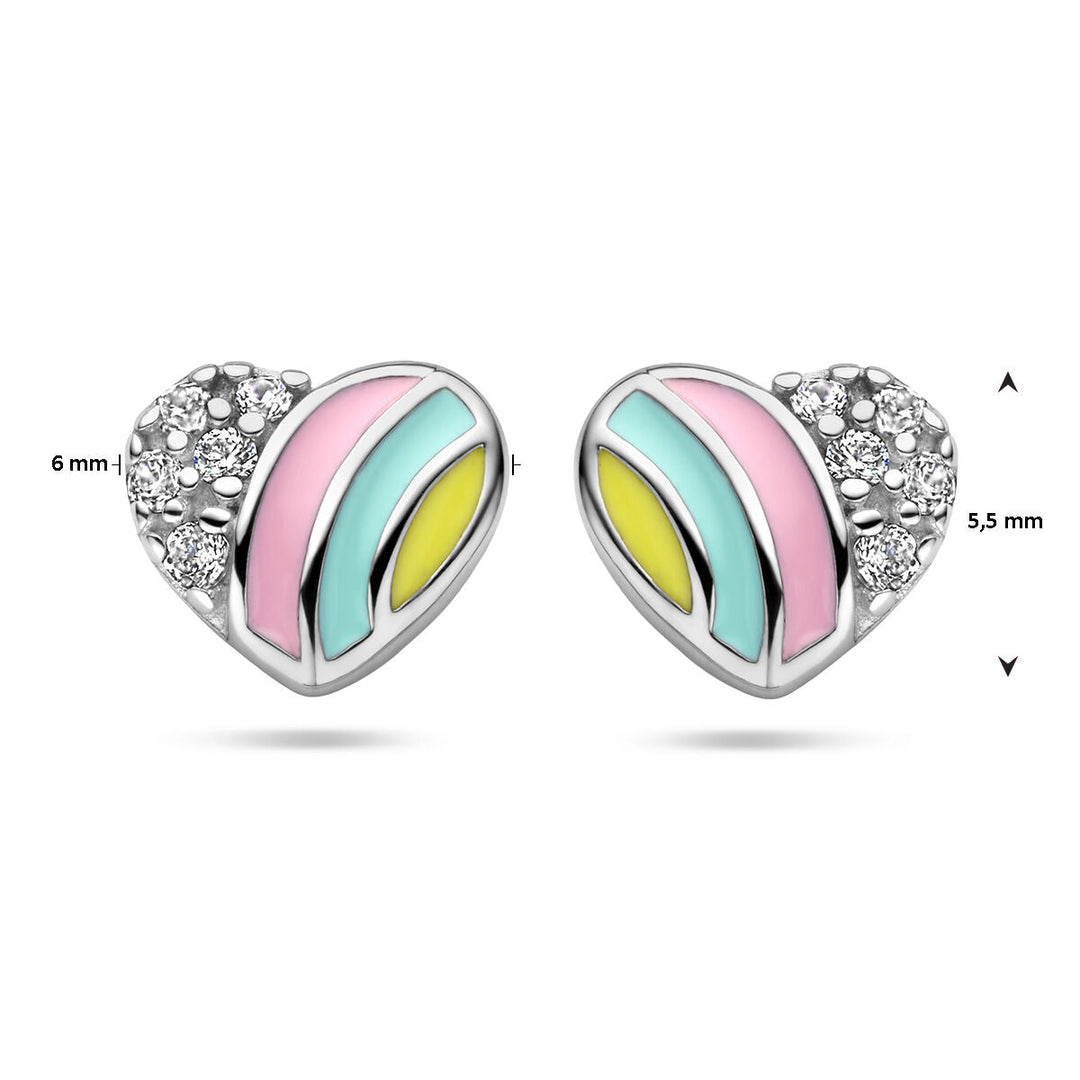 Van der Kooij Collectie oorknoppen hart en zirkonia zilver gerhodineerd: hartvormige studs met roze, gele en aquablauwe pastel emaille strepen, fonkelende zirkonia kristallen, afm. 6 mm x 5,5 mm.
