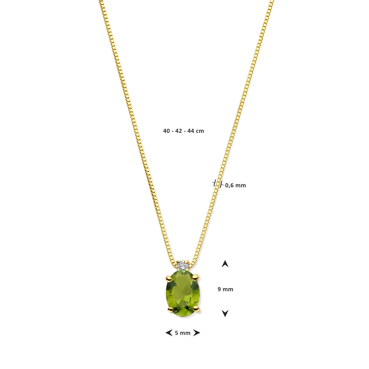 Van der Kooij Collectie collier toermalijn en diamant: 14K geelgouden ketting met groene toermalijn hanger (9x5 mm) en diamant 0.02ct H SI, verstelbaar op 40, 42 of 44 cm.